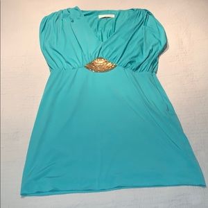 Trina Turk teal dress with gold beading